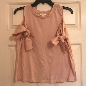 Soft pink cold shoulder t with ribbon ties